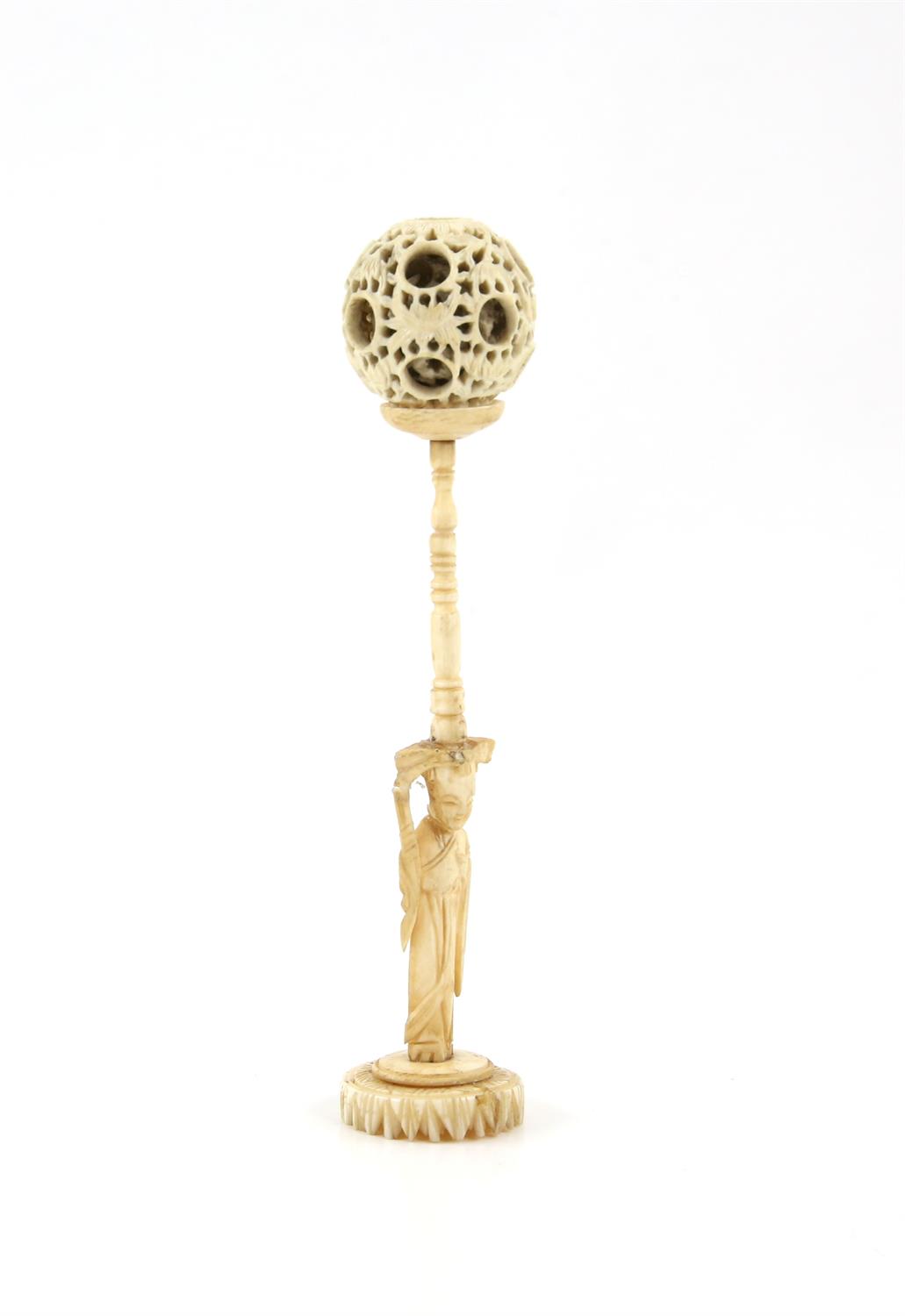 A Chinese Devil's work ball on stand  Carved bone with a puzzle ball and a stand with  a lady : 14. - Image 2 of 7