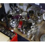 Large collection of silver plate, including tea service, tray, salver, flatware and other items
