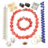 Group of mainly costume jewellery, including lapis lazuli bead necklace, with part of 9ct gold