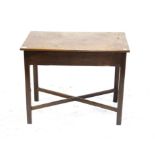 Oak side table, with frieze drawer and square section legs joined by a cross stretcher,