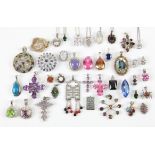 A group of forty one gem stone set or cz set pendants and eight fine silver chains,