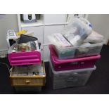 Six large boxes, containing a large collection of gemstone and plastic beads, findings, wire,