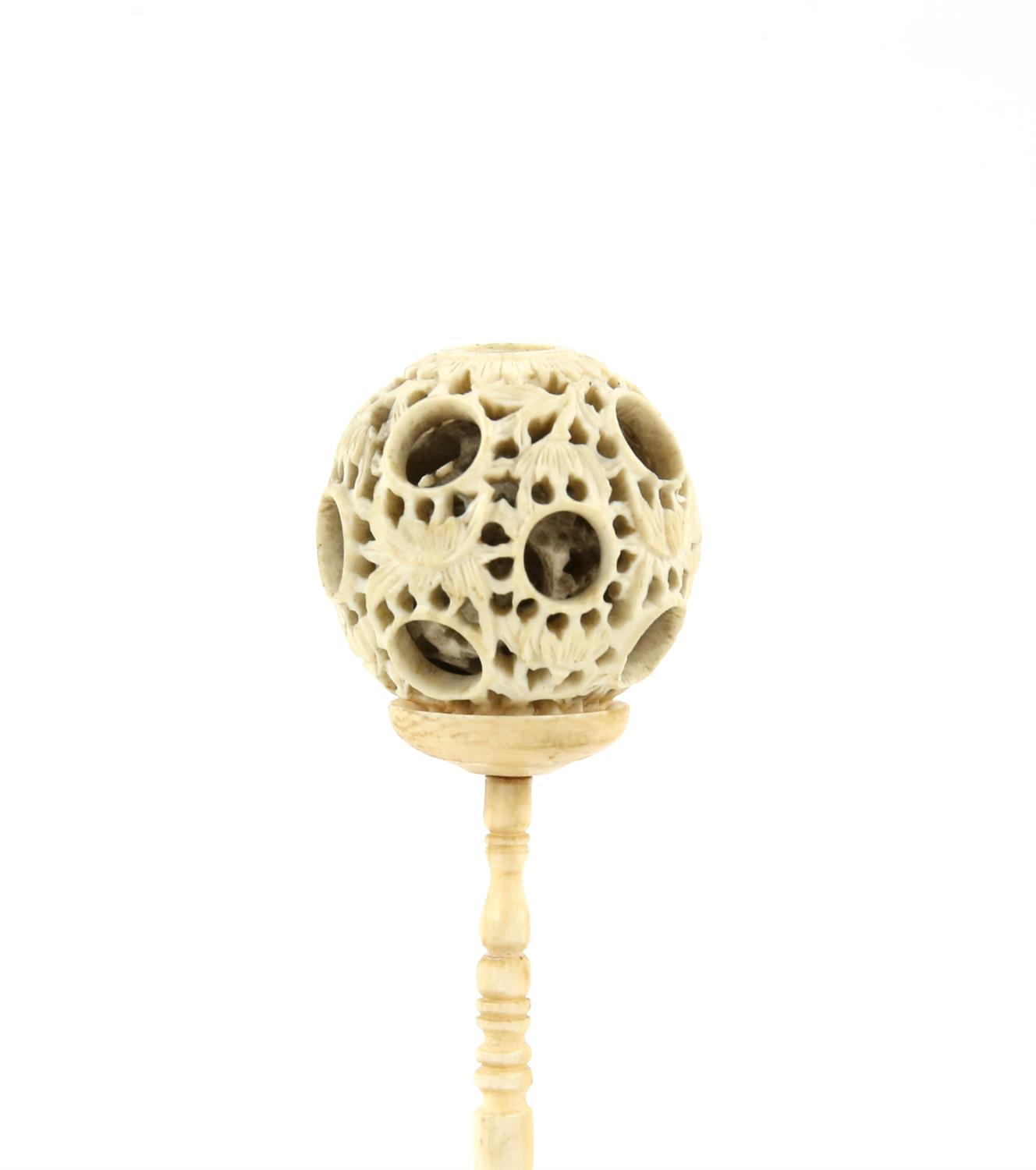 A Chinese Devil's work ball on stand  Carved bone with a puzzle ball and a stand with  a lady : 14. - Image 7 of 7
