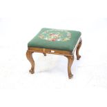 Walnut square stool, with woolwork tapestry seat, on cabriole legs, H43 cm 58 cm square