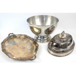 Silver plated punch bowl, tray, and meat dome cover,