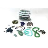 A large group of turquoise and other gemstone beaded jewellery, including agate and jasper bead