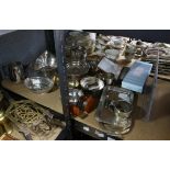 Part shelf, silver plated and other items to include pierced bread basket, tray, and bottle coasters