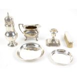 Silver cream jug, Walker & Hall Sheffield, H8.5 cm, sugar caster, Birmingham H 16cm, candlestick,