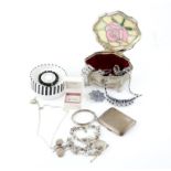 Costume jewellery, including, Pandora charm bracelet, with twenty silver charms, such as suitcase,