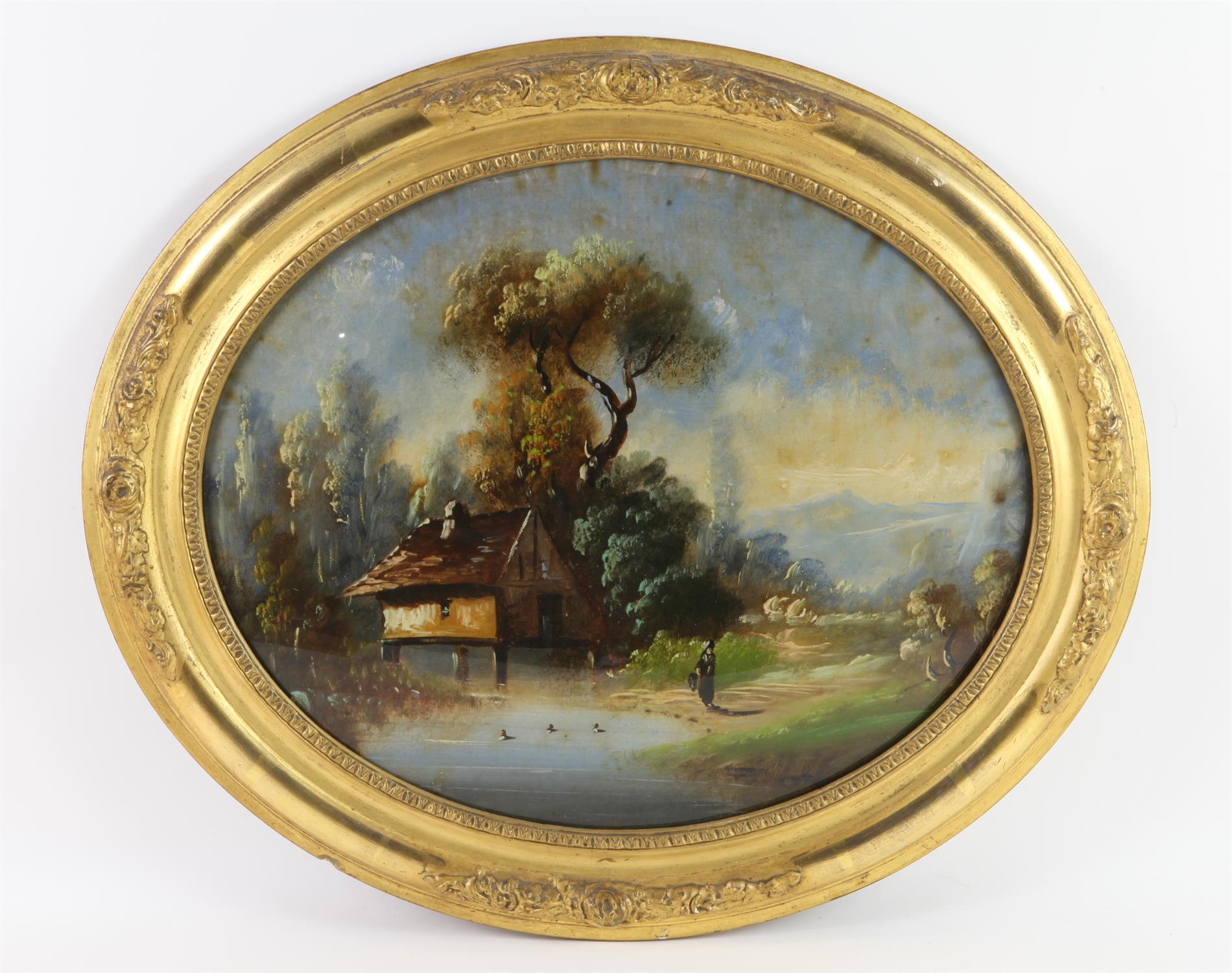 Nineteenth-century European School, oval landscape with cottage to foreground. Oil on glass. Framed.