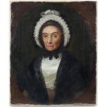 19th century British School. Portrait of a lady wearing a mob cap, in painted oval. Oil on canvas,