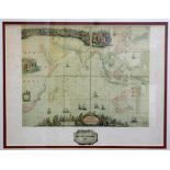 Two framed and glazed reproduction maps: 'Pieter Goos East Indies, 1690' and 'Flinders Chart,