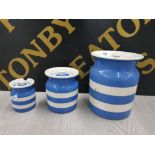 3 CORNISH WARE BLUE AND WHITE STORAGE JARS T.G. GREEN AND CO WITH GREEN PRINT