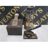 ANTIQUE AND HEAVY COMPANY EMBOSSING STAMP TOGETHER WITH A BRASS TILLEY LAMP AND OLD SHOE SHINE BOX