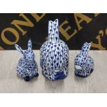 HEREND STYLE BLUE FISHNET FAMILY OF 3 RABBITS