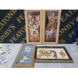 A PAIR OF COLOUR PRINTS TIGERS AND GIRAFFES WOOLWORK PICTURE AND REPRODUCTION PEARS SOAPS