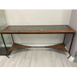 A MEXICAN HARDWOOD METAL AND GLASS CONSOLE TABLE THE LEGS JOINED BY A STRETCHER 158 X 78.5 X 45CM