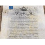 A VICTORIAN VELLUM DOCUMENT RELATING TO ROYAL MEDICAL ESTABLISHMENT OF LONDON 50 X 40CM WITH METAL