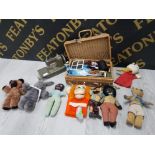 WICKER BASKET WITH SEWING RELATED ITEMS, VINTAGE SMALL SEWING MACHINE AND OLD SOFT TOYS