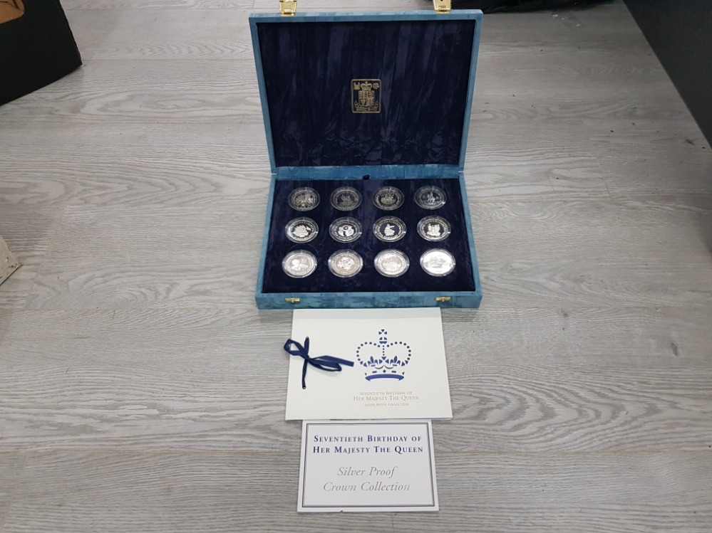 UK ROYAL MINT SILVER PROOF 12 CROWNS SET 1996 70TH QUEEN ELIZABETH II BIRTHDAY HOUSED IN ORIGINAL - Image 2 of 3