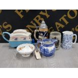 POTTERY LOT WITH CARAVAN TEAPOT SPODE BLUE AND WHITE JUG AYNSLEY BOWL ETC