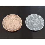 2 RARE GERMAN WWII NAZI SWASTIKA COINS DATED 1941