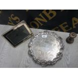 ANTIQUE SILVER PLATED SCALLOPED EDGED WAITER TRAY WITH ENGRAVED FLORAL DECORATION TOGETHER WITH