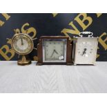 ART DECO OAK FRAMED MANTLE CLOCK TOGETHER WITH JUNGHANS ELECTRONIC BRASS WALL CLOCK PLUS ONE OTHER