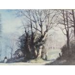 A COLOUR PRINT AFTER KENNETH DENTON WINTER SCENE WITH HORSE AND FIGURE 29.5 X 39.5CM
