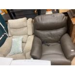 TWO ELECTRIC RECLINING ARMCHAIRS ONE IN LEATHERETTE THE OTHER FABRIC