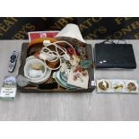 BOX OF KITCHENWARE, SKY PLUS HD BOX, SKY REMOTE AND METAL LAMP ETC