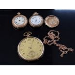 OLD WATCHES, SOME WITH GOLD CASES AND A BROKEN 9CT GOLD CHAIN