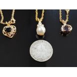 3 GOLD PLATED PENDANTS GARNET SAPPHIRE AND PEARL ON CHAINS AND 1881 GERMAN 1 MARK COIN