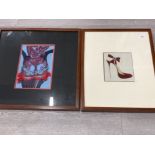 TWO WORKS OF ART BY CLARE ARNOLD EMBROIDERY OF A RED STILETTO SIGNED AND DATED ‘07 AND A COLOUR
