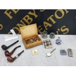 3 ESTATE SMOKING PIPES, LIGHTERS, PEWTER MEASURES, CARVED TABLE BOX WITH LARGE AMOUNT OF DECIMAL