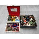 A JEWELLERY BOX PLUS ANOTHER BOX BOTH CONTAINING MISCELLANEOUS COSTUME JEWELLERY TO INCLUDE BEADED