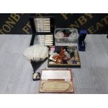 TRAY OF MISCELLANEOUS COSTUME JEWELLERY INCLUDES SWAROVSKI BANGLE FISH EATING CUTLERY ETC