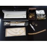 MIXED LOT OF COSTUME JEWELLERY INCLUDING VINTAGE INGERSOLL WRIST WATCH , 2 SETS OF VINTAGE PEARLS,