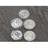 5 SILVER ONE OUNCE COINS COMPRISING USA 1986 AND 2011, AUSTRALIA 2012, CANADA 2011 AND UK 2014,