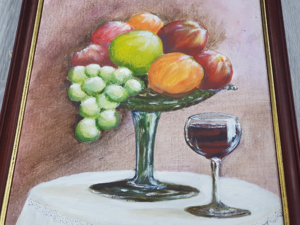 A FRAMED OIL PAINTING ON BOARD OF FRUIT AND WINE SIGNED BY D AINSLEY - Image 5 of 6