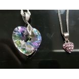 SILVER MOUNTED LARGE HEART CRYSTAL PENDANT ON SILVER FLAT TWIST CHAIN PLUS SMALLER SILVER MOUNTED