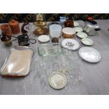 CERAMICS AND GLASSWARE WITH VARIOUS ITEMS INCLUDING TABLE CLOCK, POLAROID CAMERA AND HENRY WATSON