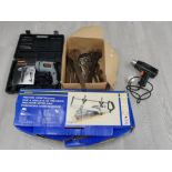 A BOX CONTAINING ADJUSTABLE SPANNERS 760W HAMMER DRILL MITRE SAW ETC