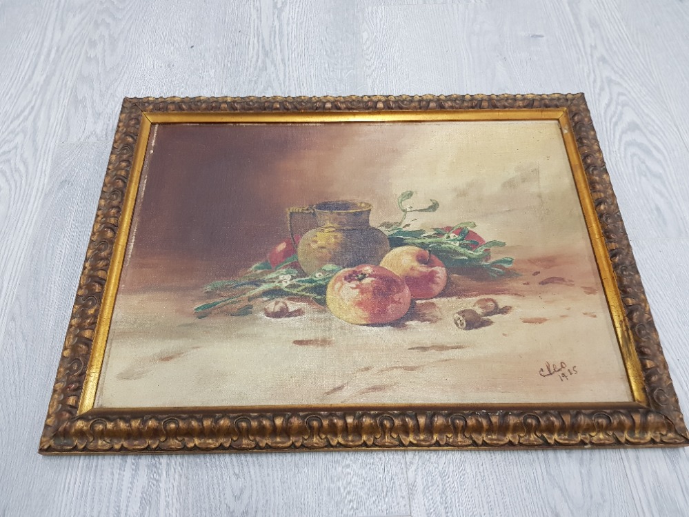 GILT FRAMED ANTIQUE STILL LIFE OIL PAINTING ON BOARD SIGNED AND DATED CLEO 1925 - Image 2 of 6