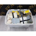 A BOX OF SCREWS FITTINGS AND DOOR HANDLES ETC