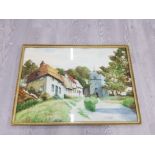 A LARGE FRAMED WATERCOLOUR OF A CHURCH/VILLAGE SCENE SIGNED A C DICKSON