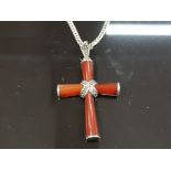 SILVER AND AGATE CRUCIFIX WITH MARCASITE HIGHLIGHTS ON 26 INCH SILVER HERRINGBONE CHAIN