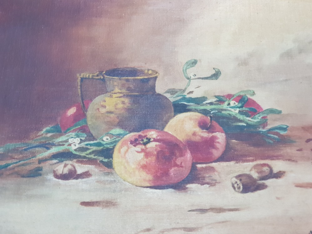 GILT FRAMED ANTIQUE STILL LIFE OIL PAINTING ON BOARD SIGNED AND DATED CLEO 1925 - Image 3 of 6