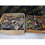 2 BOXES OF MISCELLANEOUS TOOLS INCLUDES CLAMPS WOODEN PLANER SPANNERS ETC