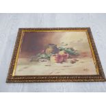GILT FRAMED ANTIQUE STILL LIFE OIL PAINTING ON BOARD SIGNED AND DATED CLEO 1925